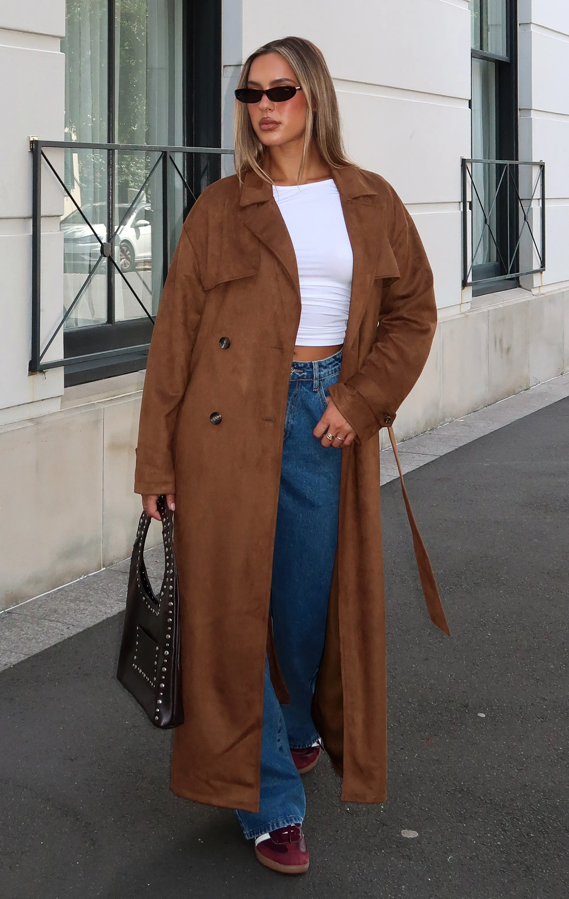 Crowned Chaos Faux Suede Trench Almond sold by White Fox Boutique