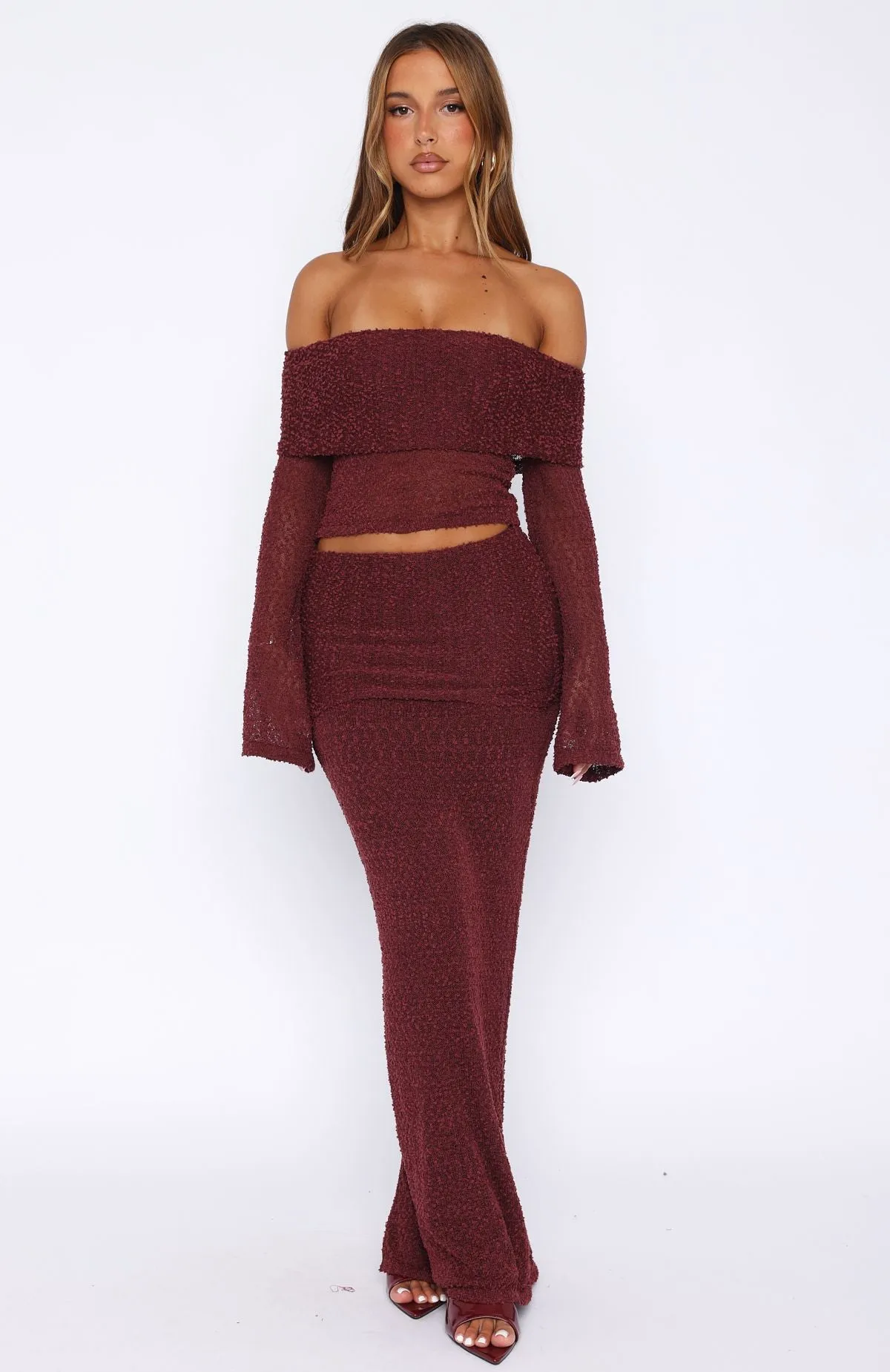 In Too Deep Knit Maxi Skirt Burgundy sold by White Fox Boutique product image thumbnail 2