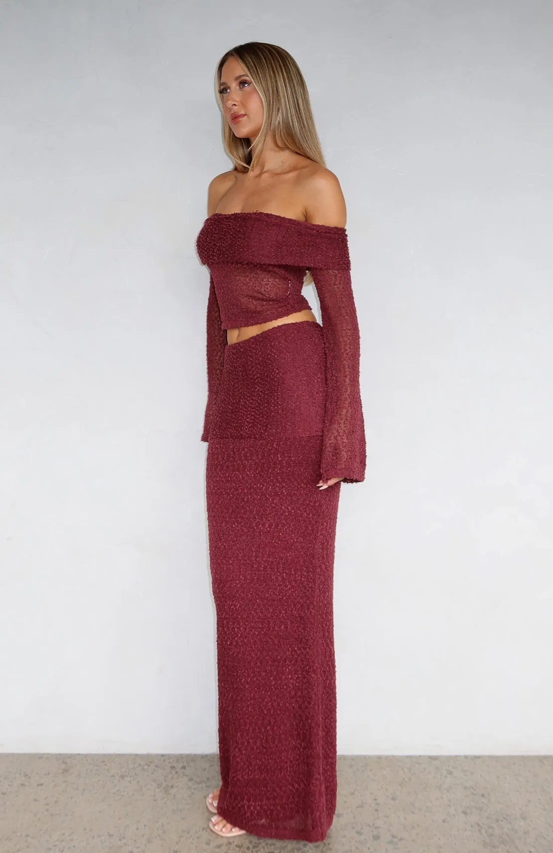 In Too Deep Knit Maxi Skirt Burgundy sold by White Fox Boutique
