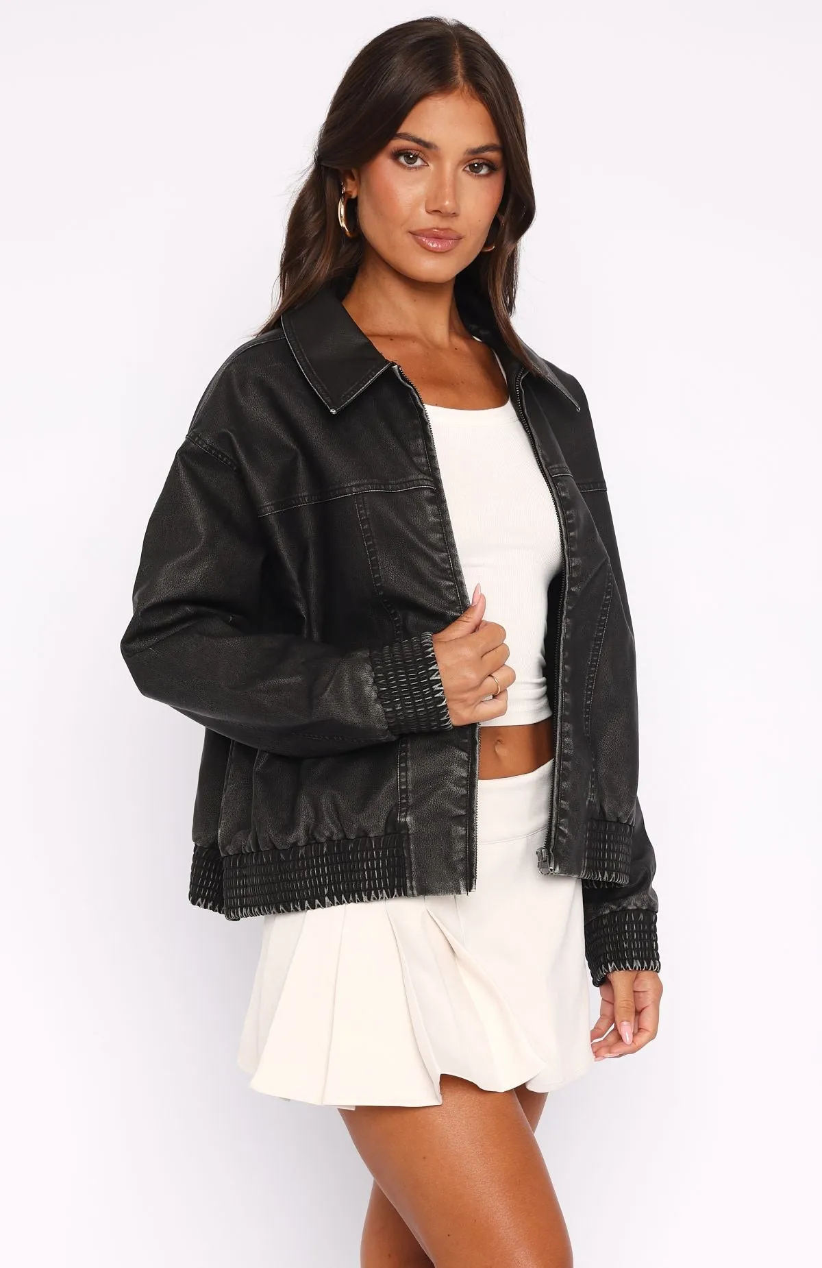 Make Things Right PU Bomber Jacket Washed Black sold by White Fox Boutique product image thumbnail 3
