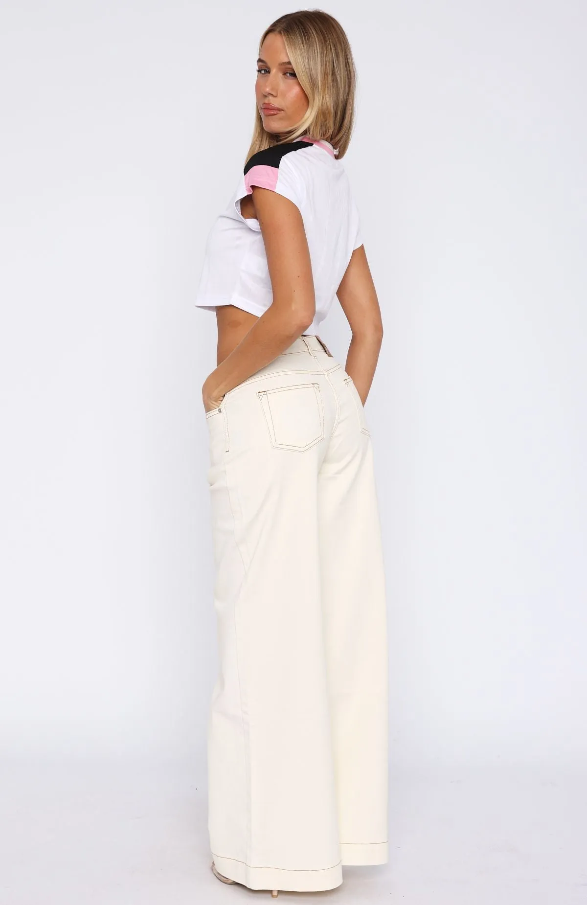 Elena Low Rise Wide Leg Jeans Cream sold by White Fox Boutique product image thumbnail 4