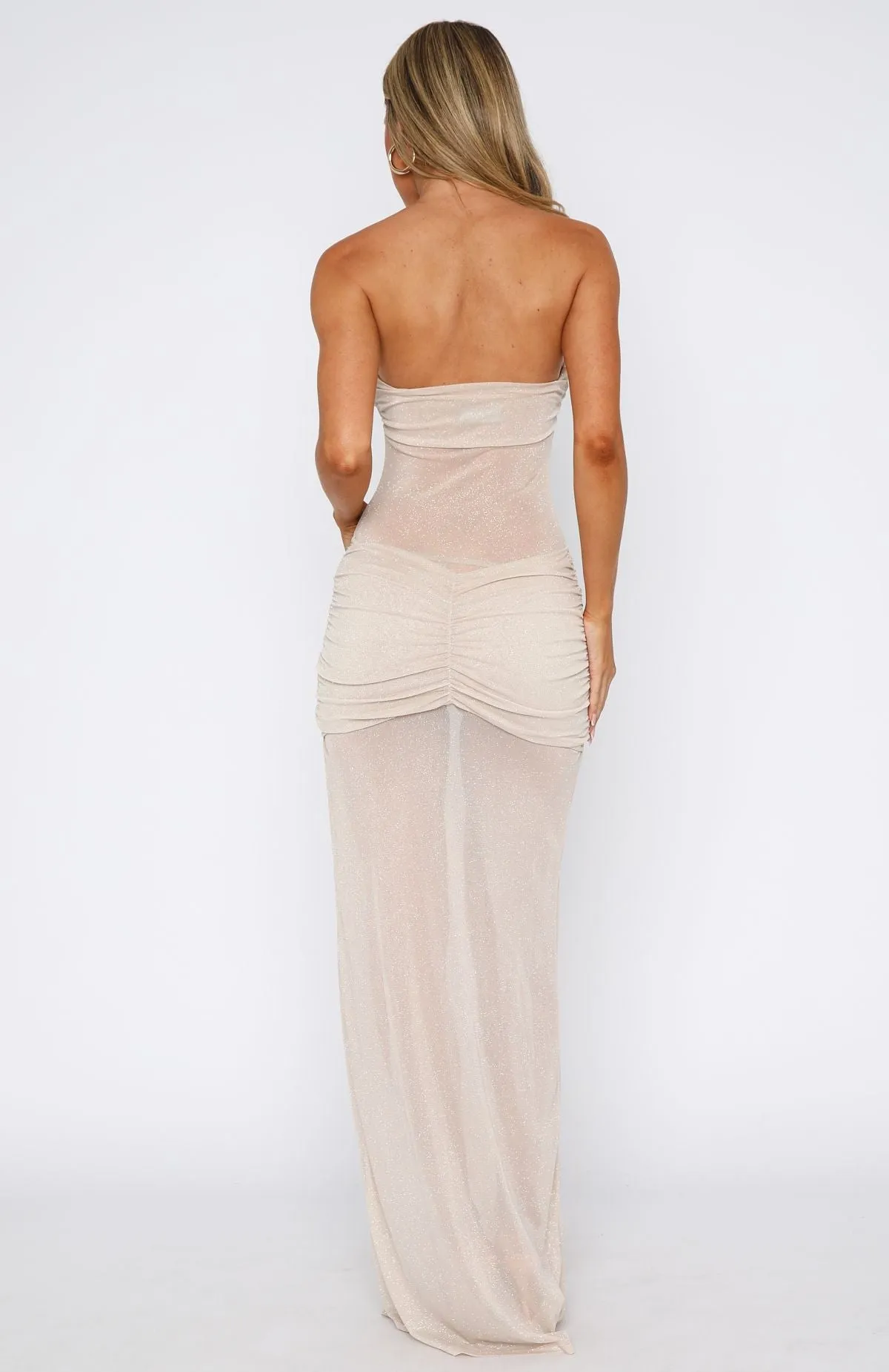 Sheer Grace Strapless Glitter Maxi Dress Champagne sold by White Fox Boutique product image thumbnail 4