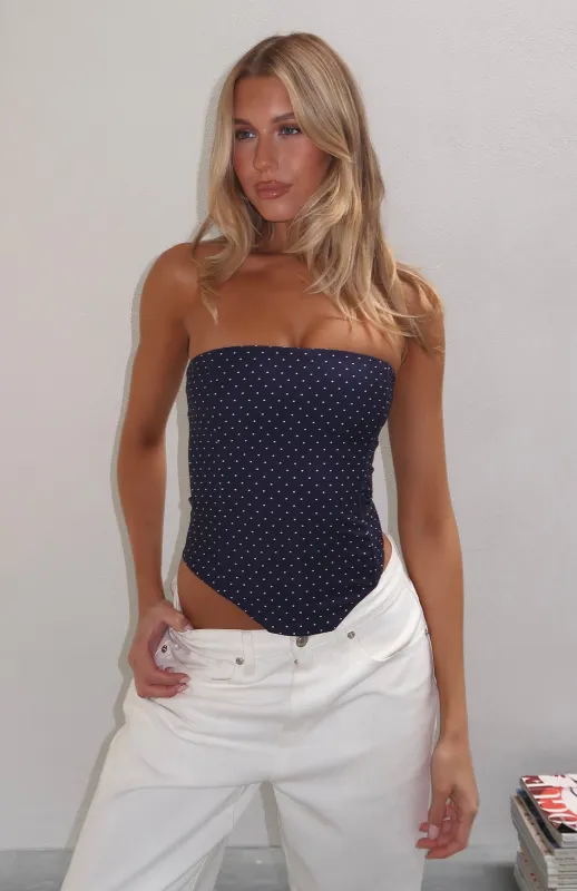Let It Go Strapless Bustier Navy Polka Dot sold by White Fox Boutique