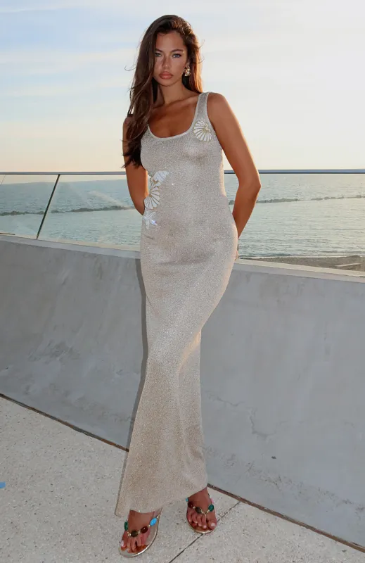 Marine Mist Sequin Knit Maxi Dress Champagne sold by White Fox Boutique