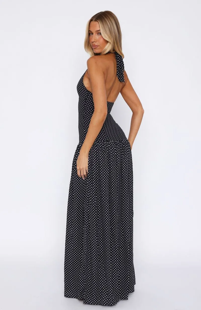 Sweet Temptation Halter Maxi Dress Black/ White Polka Dot sold by White Fox Boutique product image thumbnail 4