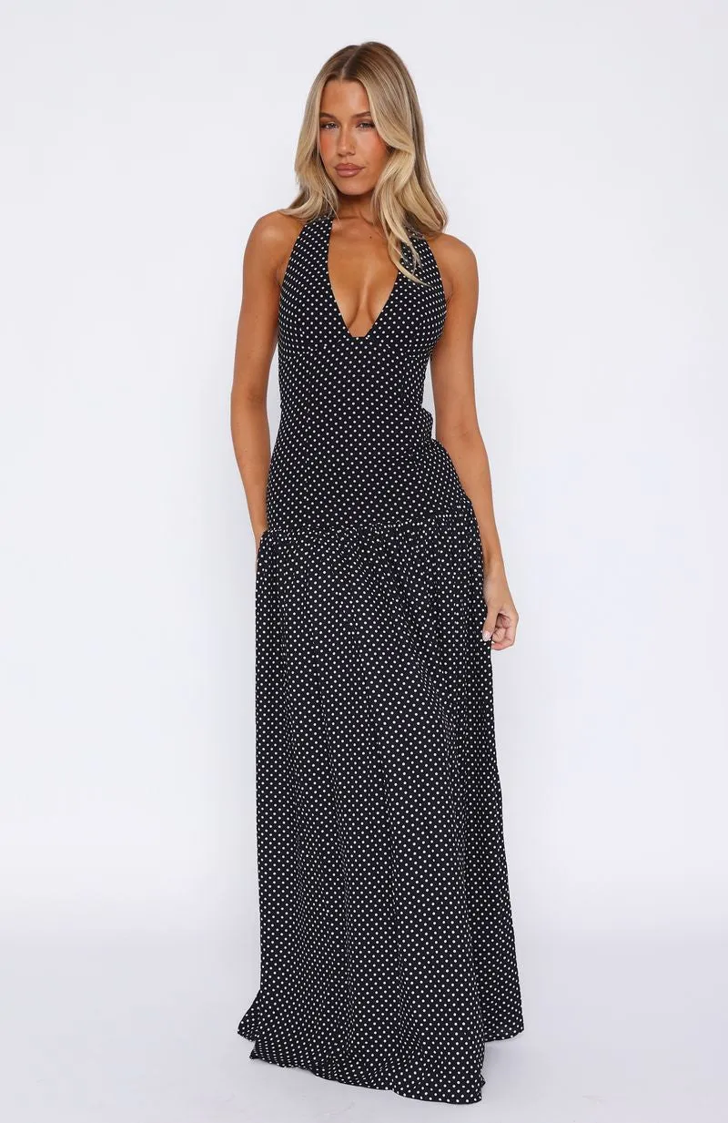 Sweet Temptation Halter Maxi Dress Black/ White Polka Dot sold by White Fox Boutique product image thumbnail 2