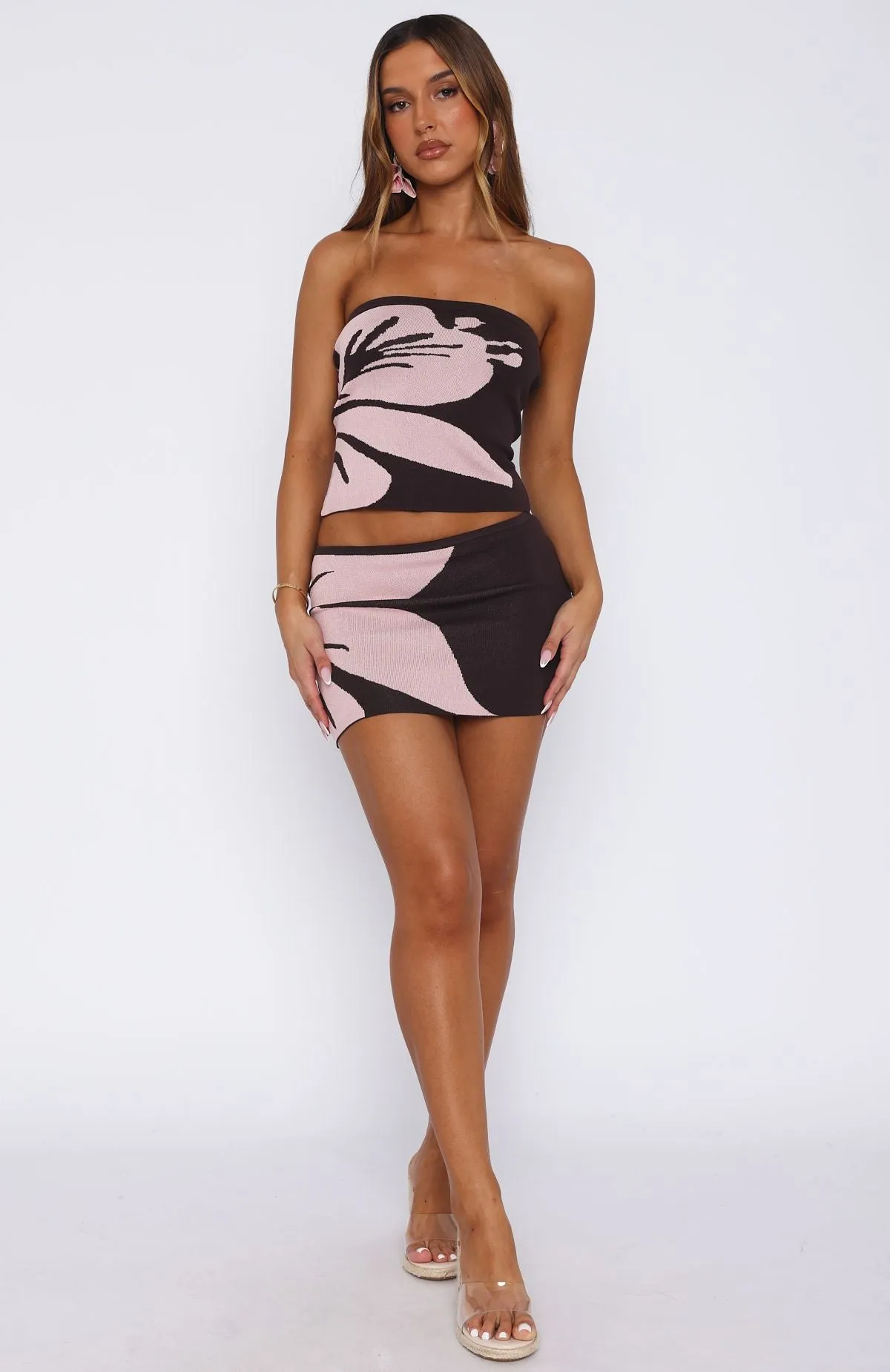 In Bloom Knit Mini Skirt Choc/Blush Floral sold by White Fox Boutique product image thumbnail 5