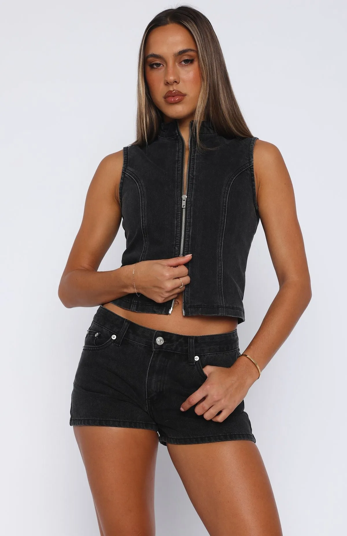 Softly Spoken Denim Shorts Black Acid sold by White Fox Boutique product image thumbnail 2