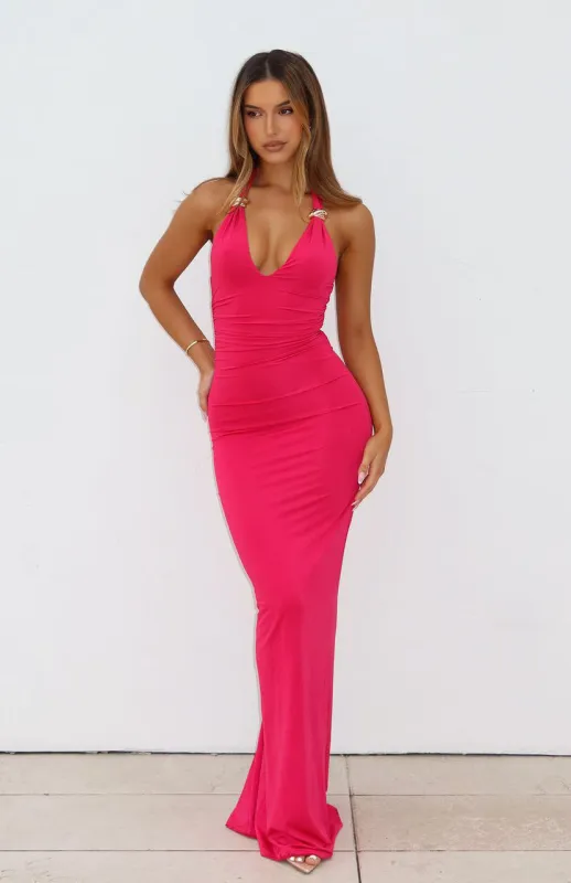 Waste A Moment Halter Maxi Dress Hot Pink sold by White Fox Boutique