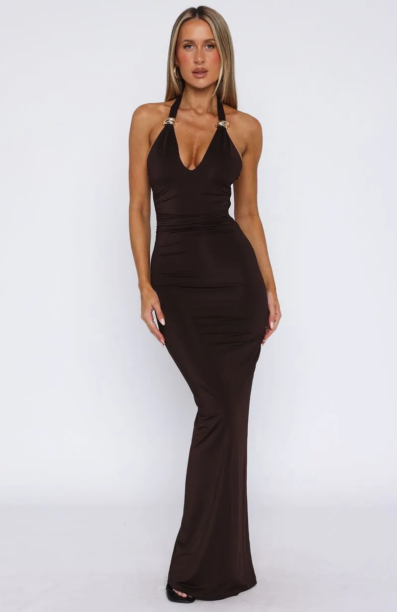 Waste A Moment Halter Maxi Dress Chocolate sold by White Fox Boutique product image thumbnail 2