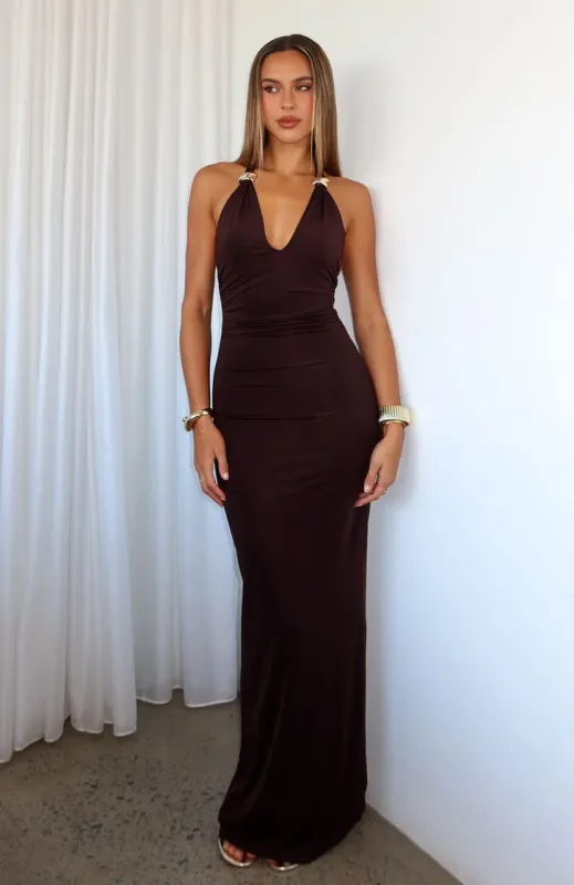 Waste A Moment Halter Maxi Dress Chocolate sold by White Fox Boutique