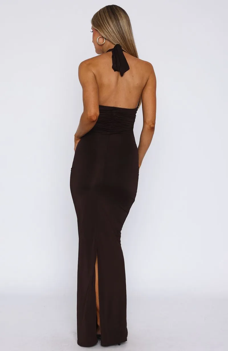 Waste A Moment Halter Maxi Dress Chocolate sold by White Fox Boutique product image thumbnail 4
