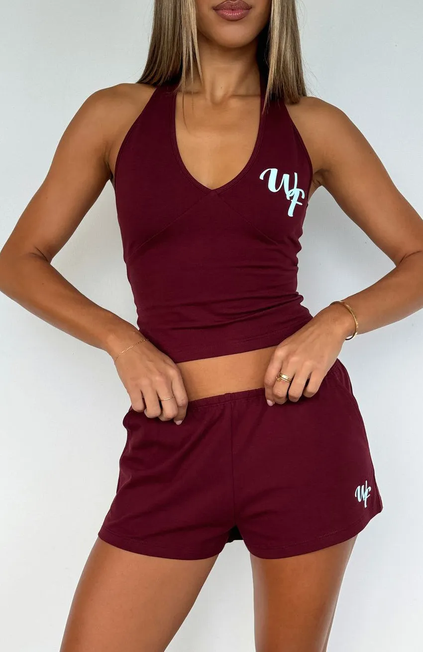 Made Me Better Relaxed Shorts Burgundy sold by White Fox Boutique