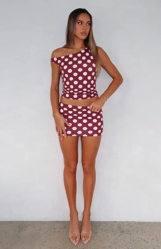 Late Nights Mini Skirt Burgundy Polka Dot sold by White Fox Boutique