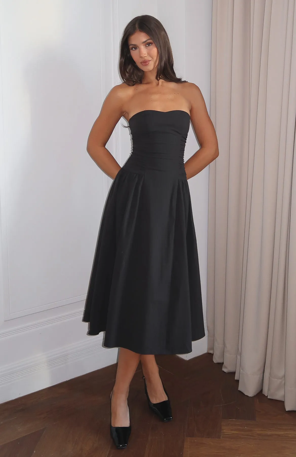 Rich In Love Strapless Midi Dress Black sold by White Fox Boutique