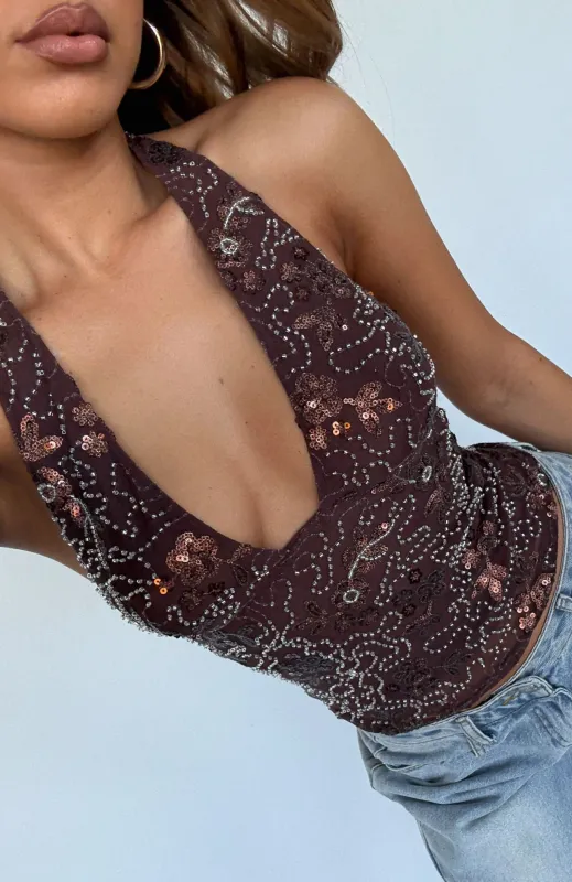 You Can Be Mine Beaded Top Chocolate sold by White Fox Boutique