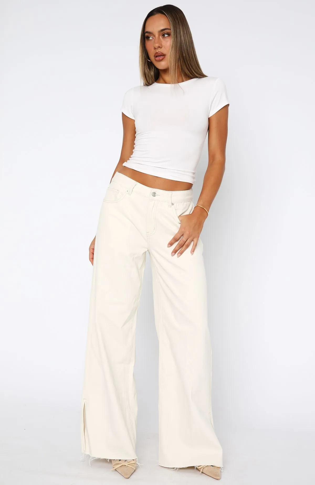 Summer Mid Rise Wide Leg Jeans Cream sold by White Fox Boutique product image thumbnail 2