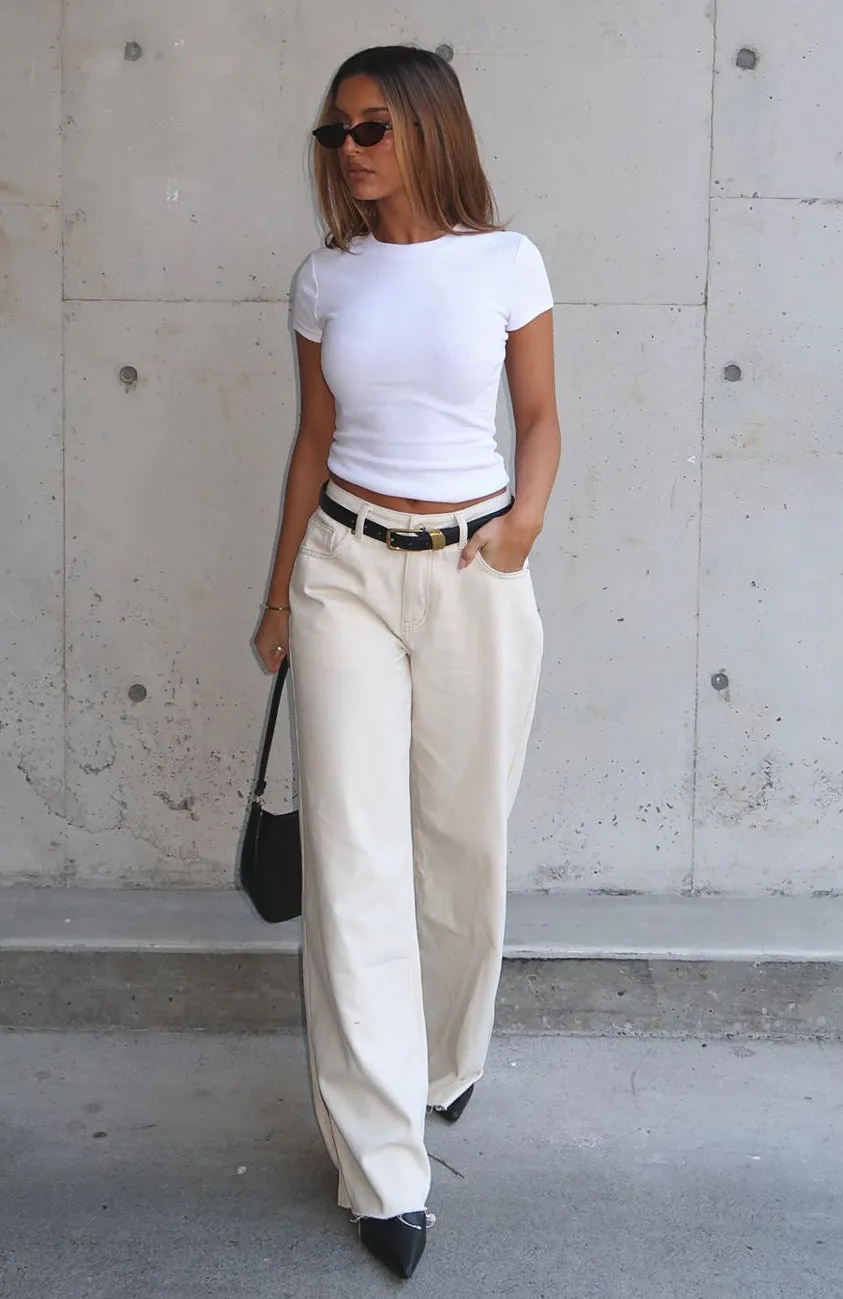 Summer Mid Rise Wide Leg Jeans Cream sold by White Fox Boutique