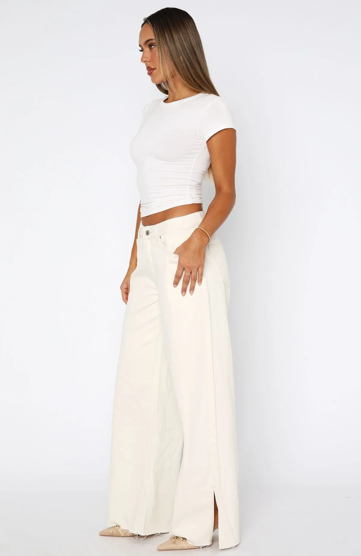 Summer Mid Rise Wide Leg Jeans Cream sold by White Fox Boutique product image thumbnail 3