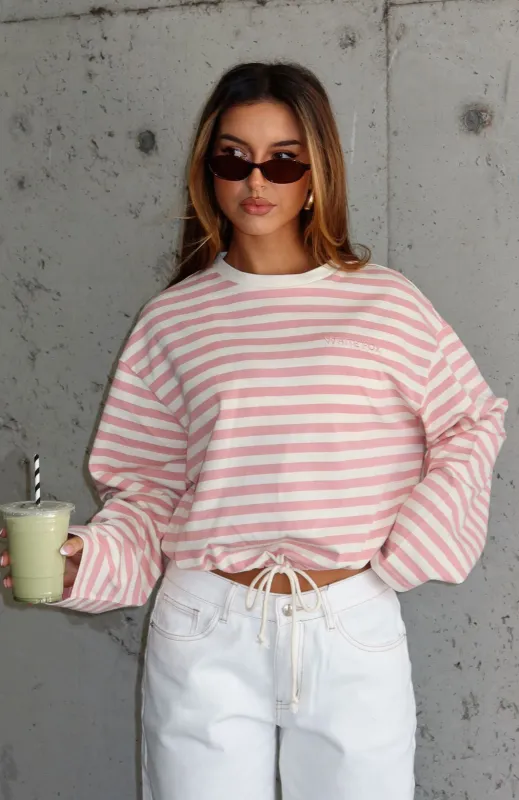 First Time Here Long Sleeve Tee Pink/Cream Stripe sold by White Fox Boutique
