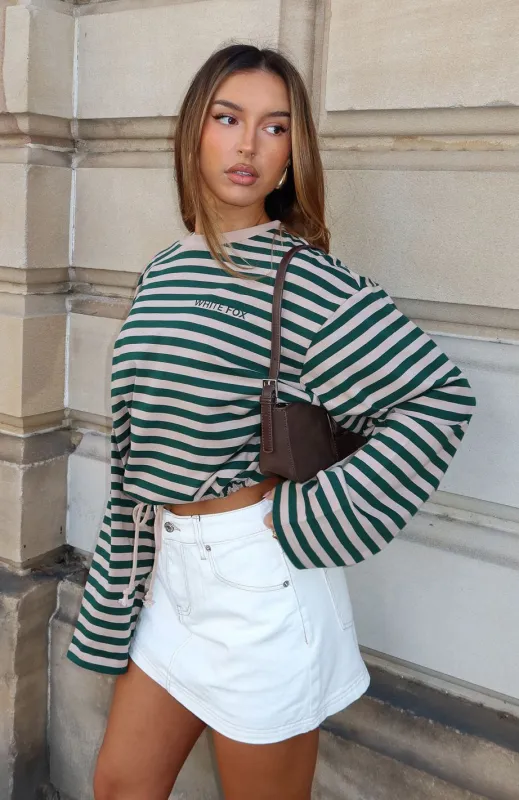 First Time Here Long Sleeve Tee Green/Tan Stripe sold by White Fox Boutique