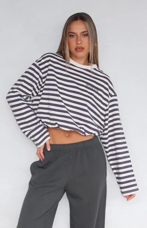 First Time Here Long Sleeve Tee Charcoal/Cream Stripe made by White Fox Boutique