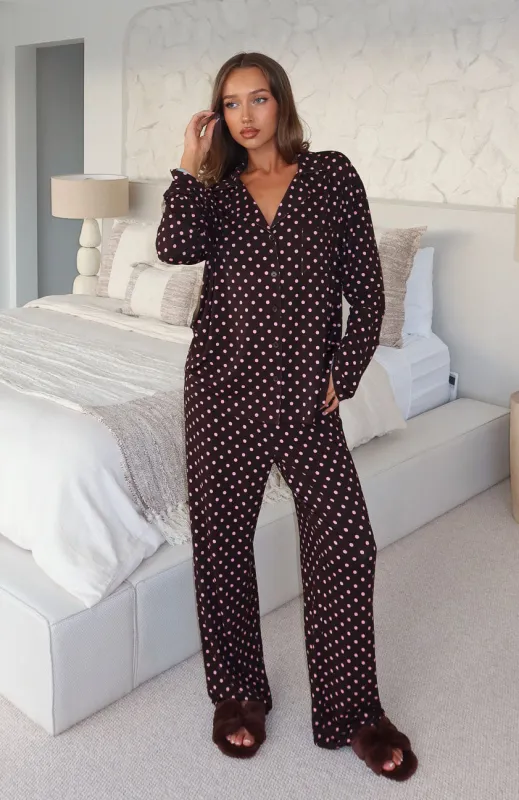 Pillow Talk Printed Long Sleeve Pyjama Set Choc/Pink Polka Dot sold by White Fox Boutique