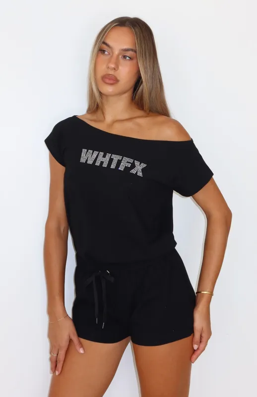Don't Talk To Me Off Shoulder Playsuit Black sold by White Fox Boutique