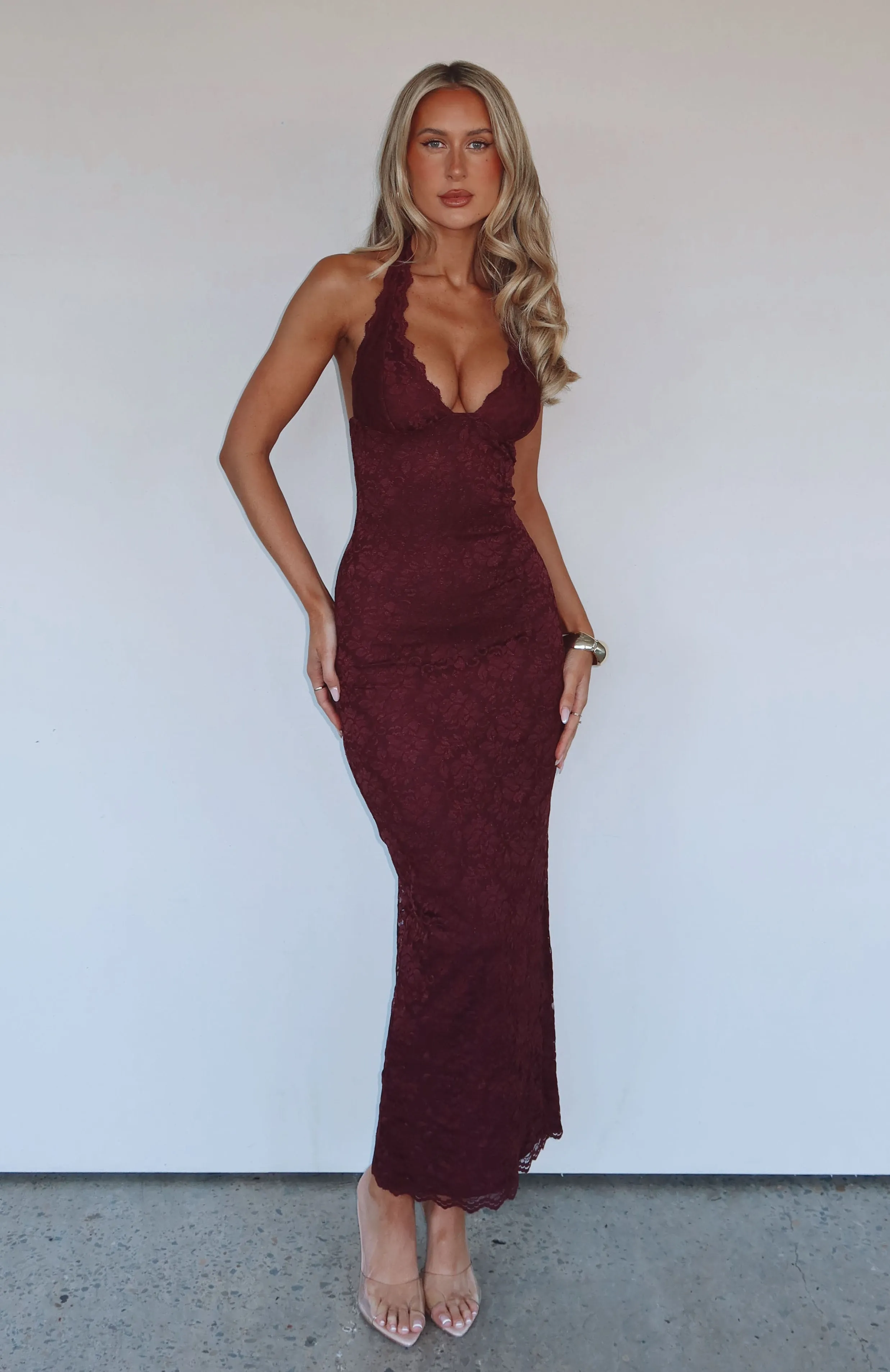 Destiny Lace Maxi Dress Burgundy sold by White Fox Boutique