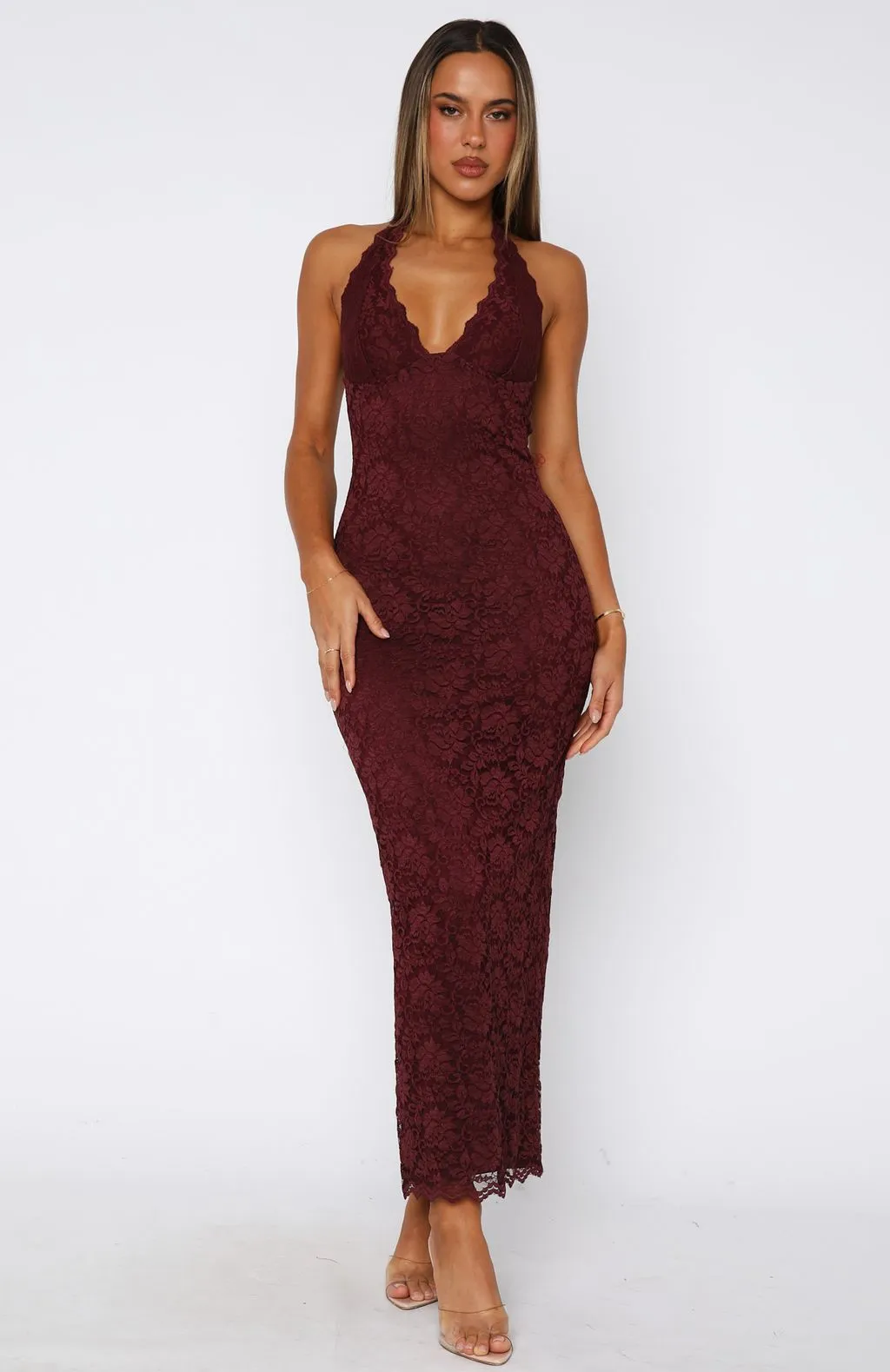 Destiny Lace Maxi Dress Burgundy sold by White Fox Boutique product image thumbnail 2