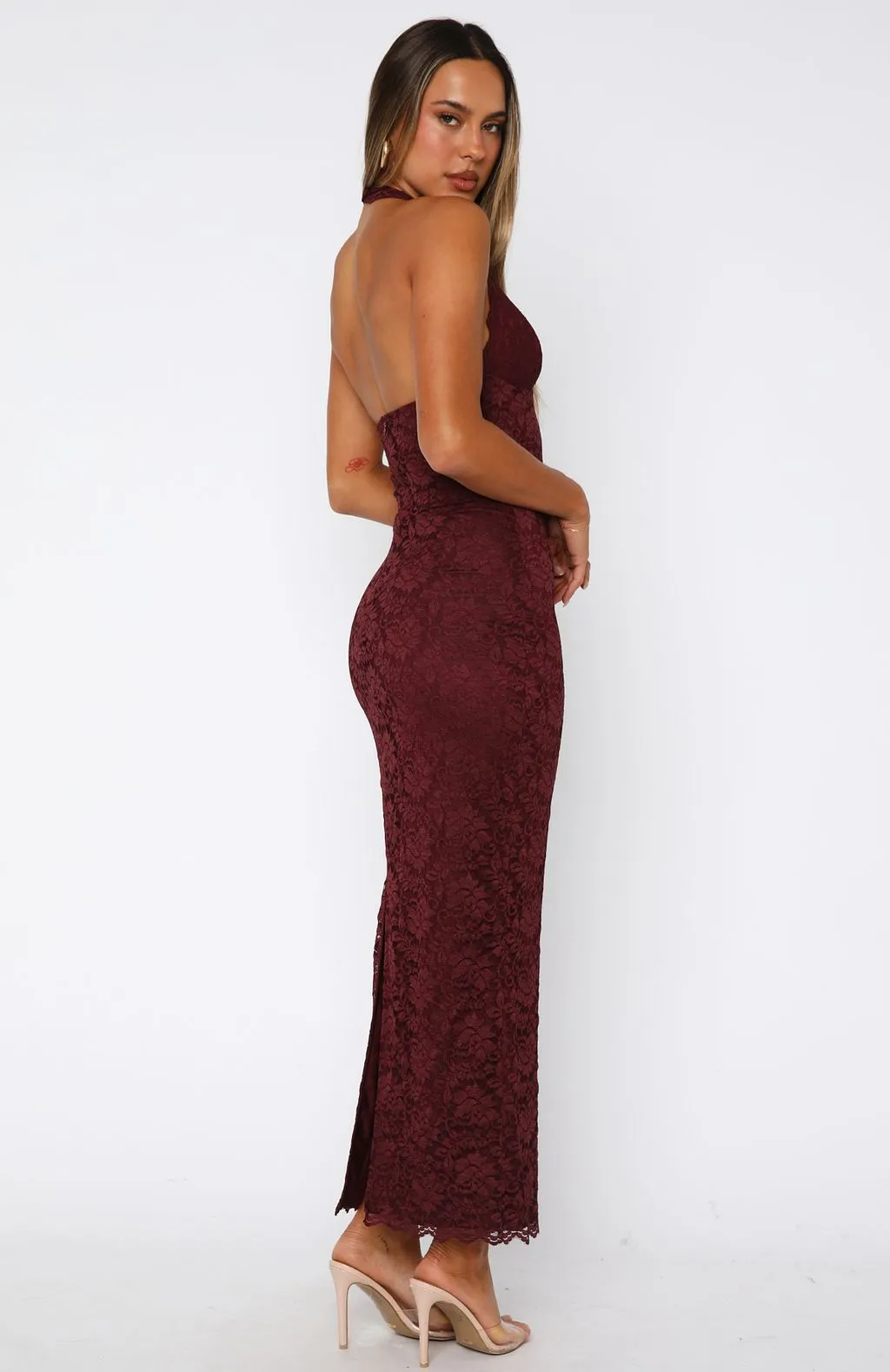 Destiny Lace Maxi Dress Burgundy sold by White Fox Boutique product image thumbnail 4