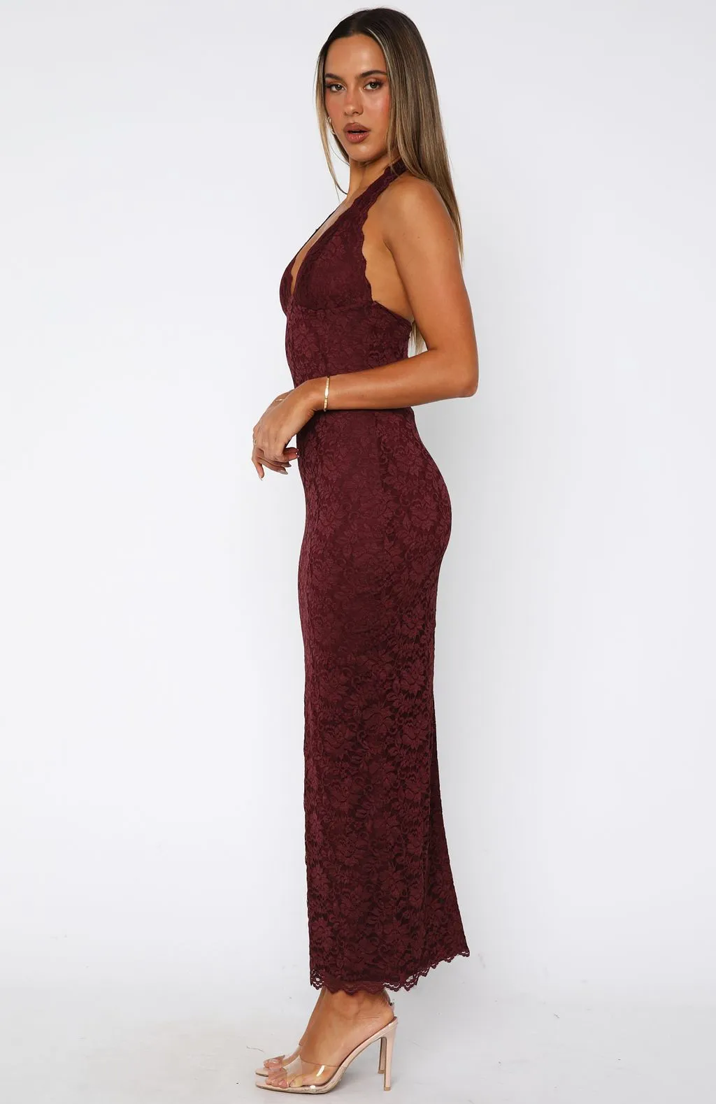 Destiny Lace Maxi Dress Burgundy sold by White Fox Boutique product image thumbnail 3