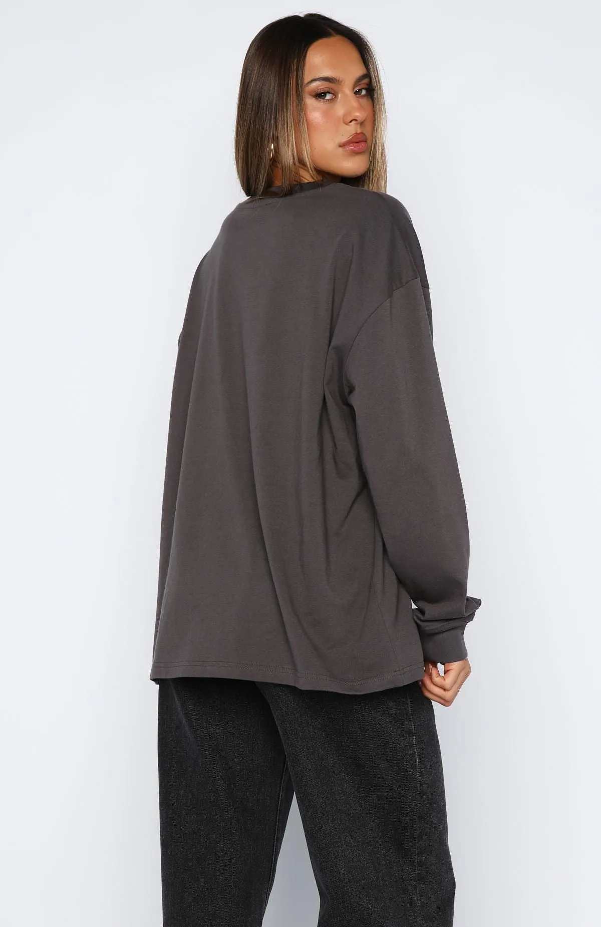 Feel The Vibe Long Sleeve Tee Charcoal sold by White Fox Boutique product image thumbnail 4