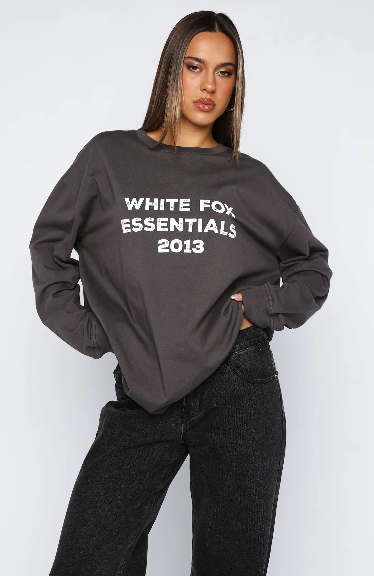 Feel The Vibe Long Sleeve Tee Charcoal sold by White Fox Boutique product image thumbnail 2