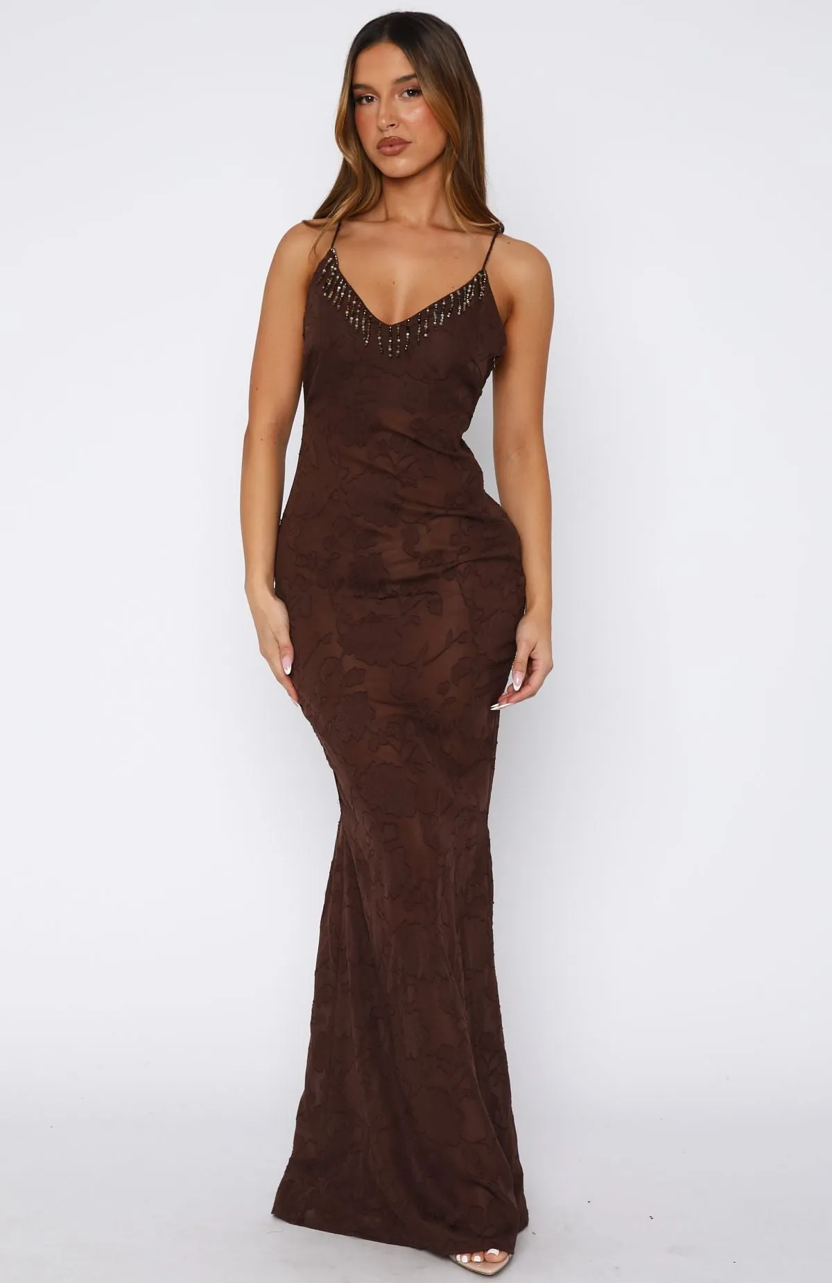 Lust For Life Maxi Embellished Trim Dress Chocolate sold by White Fox Boutique product image thumbnail 3
