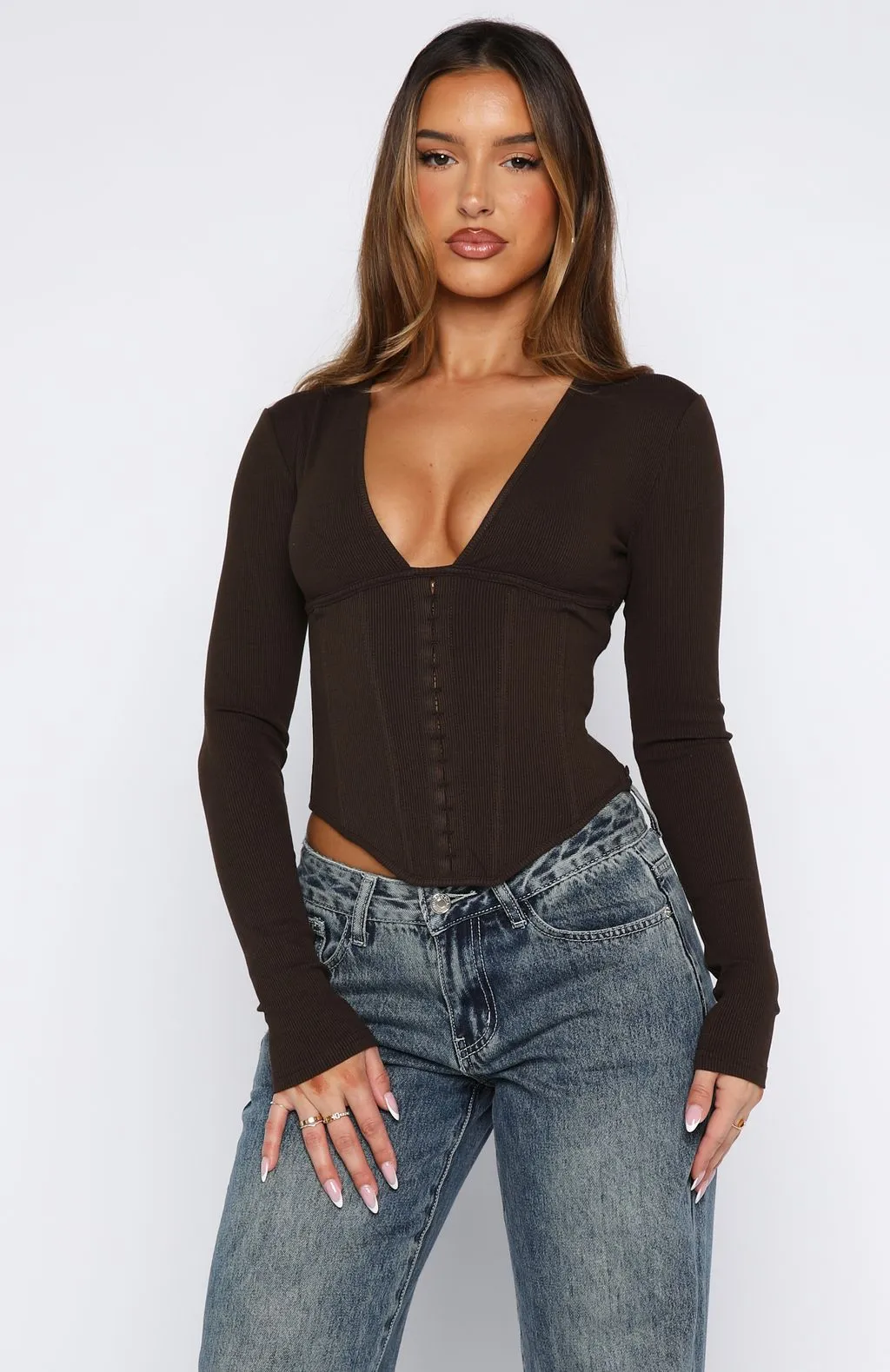 In Pursuit Long Sleeve Corset Chocolate sold by White Fox Boutique product image thumbnail 2