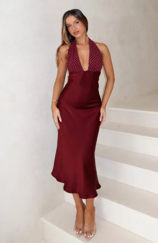 Guess You Miss Me Halter Midi Dress Burgundy/Pink Dot made by White Fox Boutique