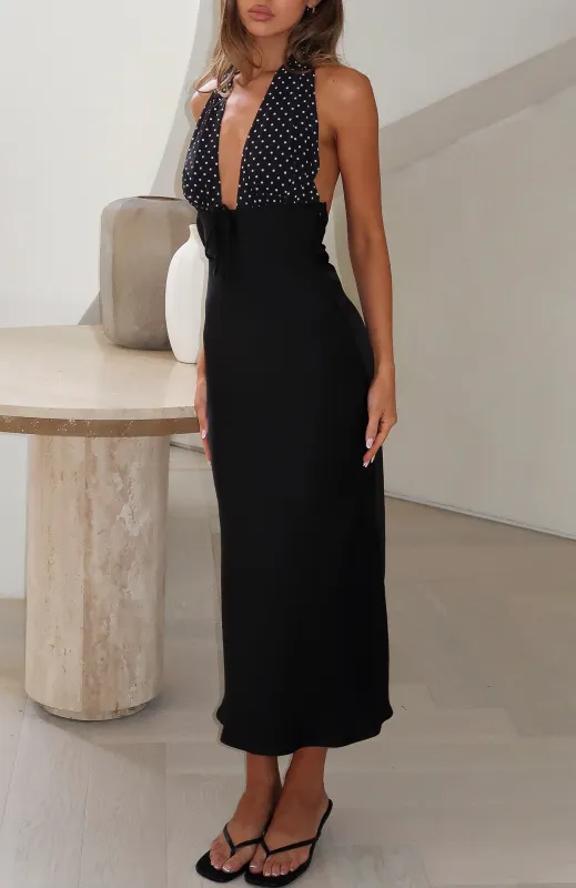 Guess You Miss Me Halter Midi Dress Black/Ivory Dot made by White Fox Boutique