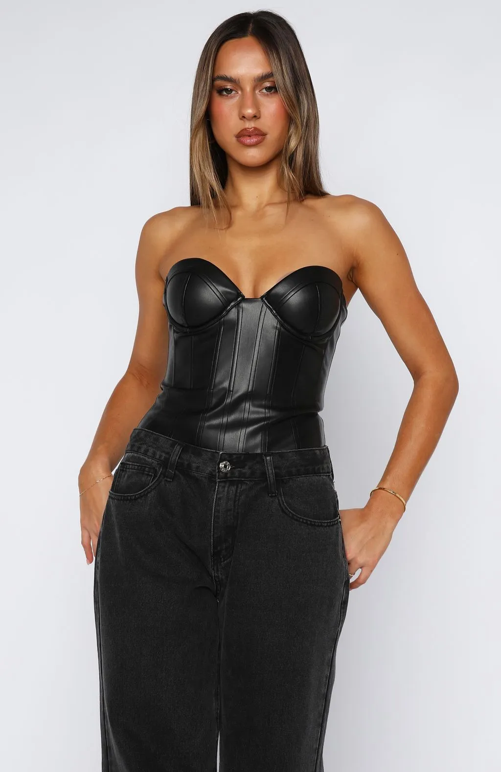 Honestly I Do Strapless PU Bodysuit Black sold by White Fox Boutique product image thumbnail 4