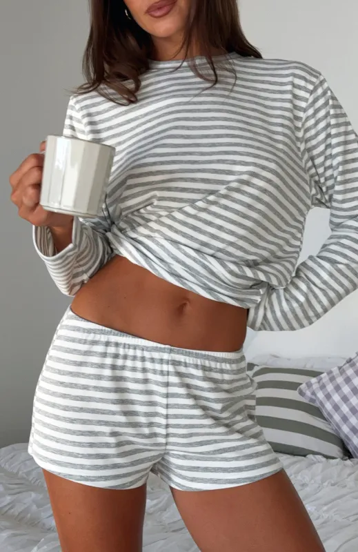 Slow Life Pyjama Shorts Grey/White Stripe sold by White Fox Boutique