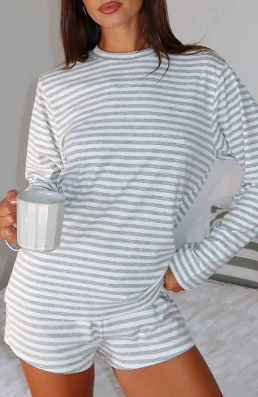 Slow Life Long Sleeve Pyjama Top Grey/White Stripe sold by White Fox Boutique