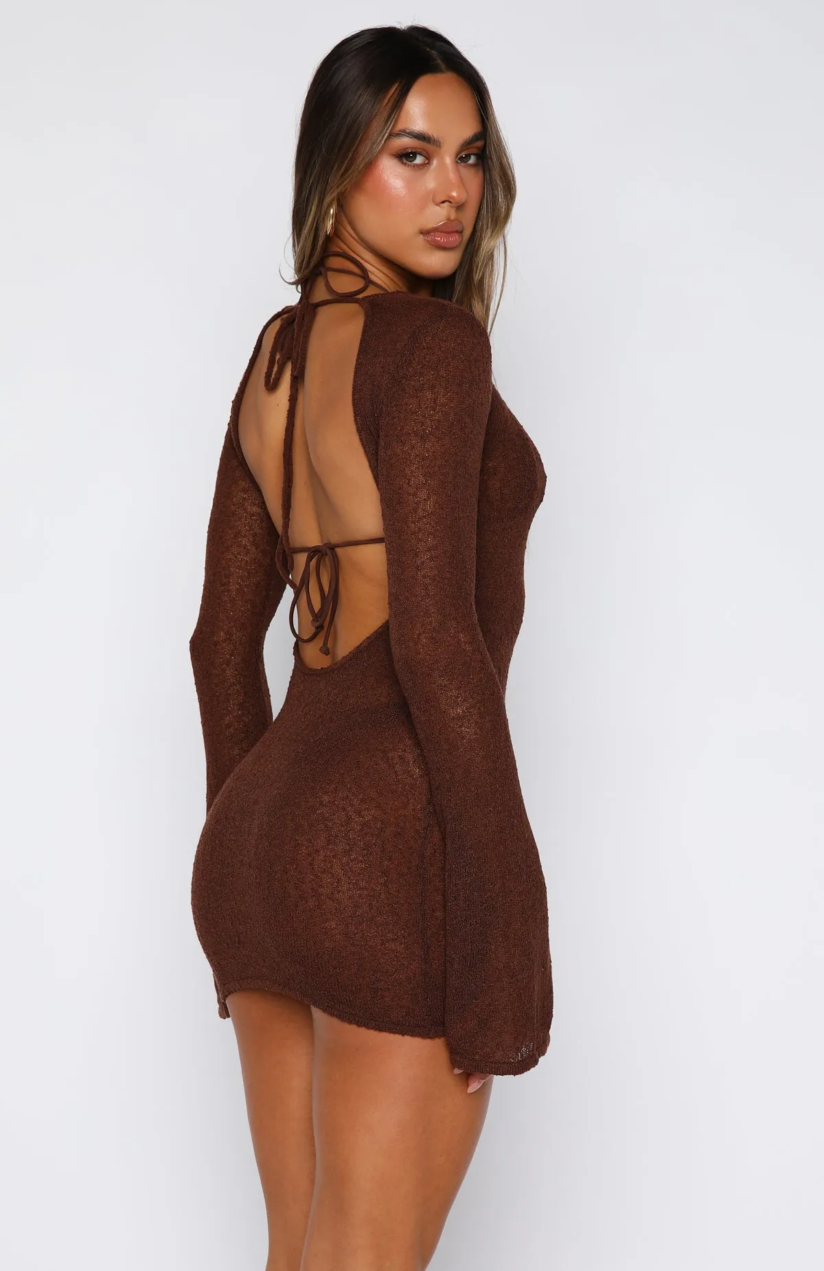 Stand And Stare Long Sleeve Mini Dress Chocolate sold by White Fox Boutique product image thumbnail 5