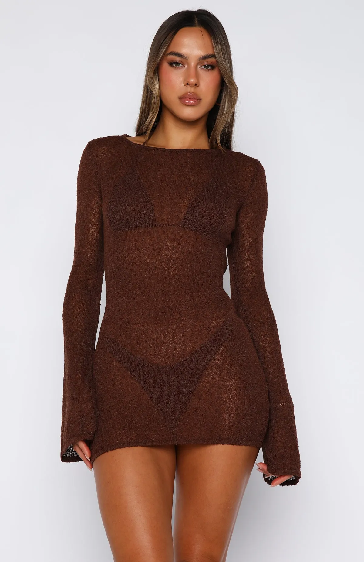 Stand And Stare Long Sleeve Mini Dress Chocolate sold by White Fox Boutique product image thumbnail 3