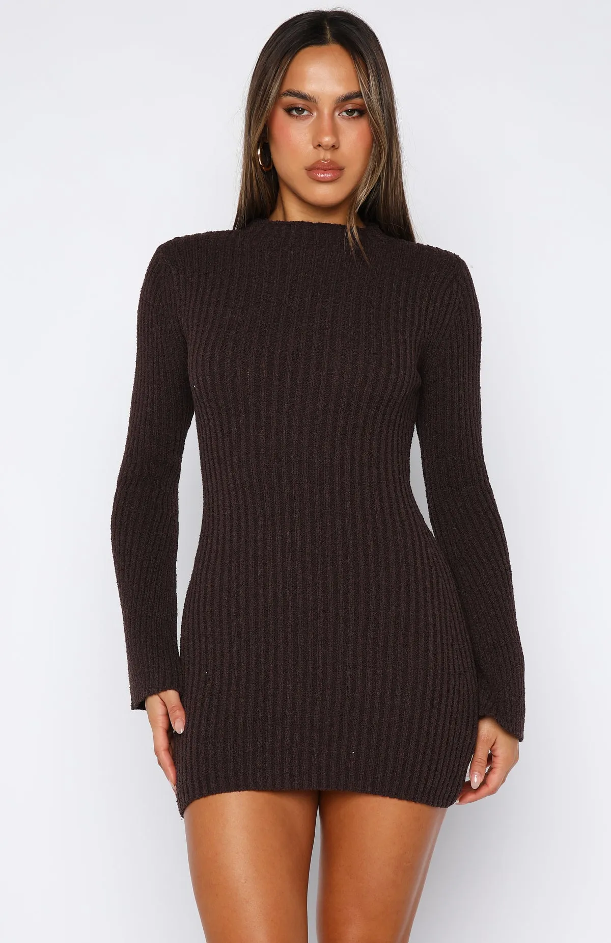 Get On Down Long Sleeve Knit Mini Dress Chocolate sold by White Fox Boutique product image thumbnail 2
