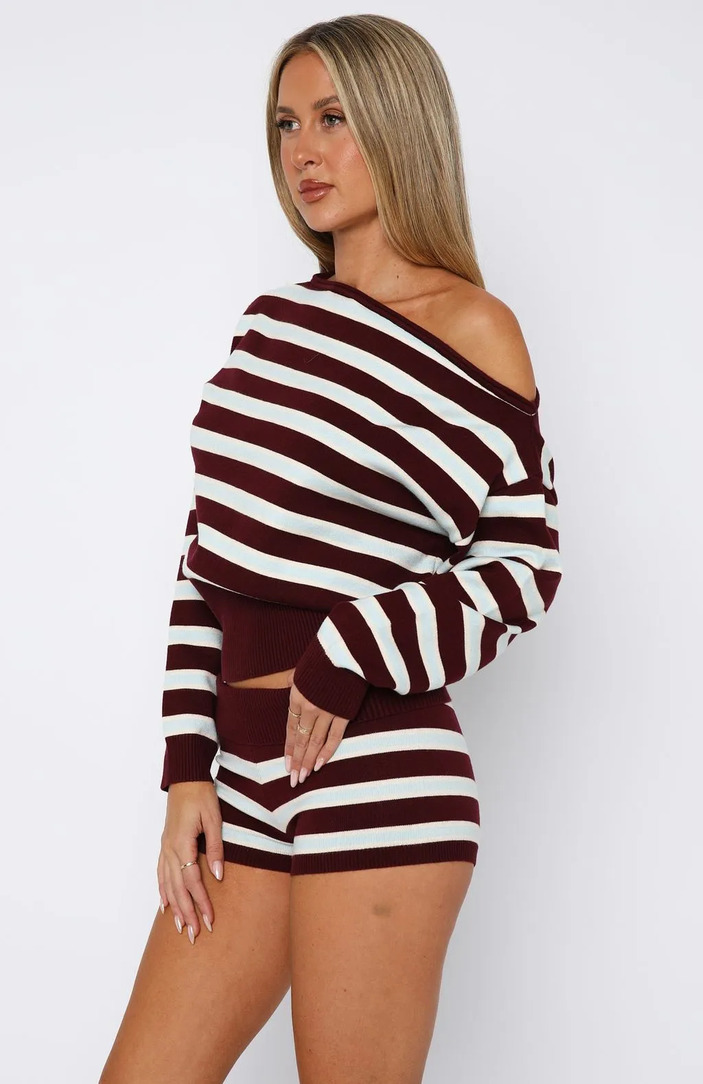 Everything To Everybody Booty Shorts Burgundy Stripe sold by White Fox Boutique product image thumbnail 3