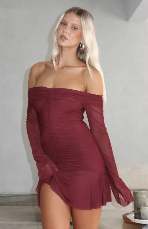 Dreaming Of Yesterday Long Sleeve Mini Dress Burgundy sold by White Fox Boutique
