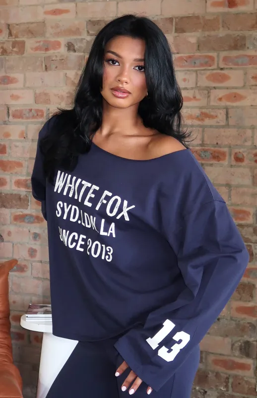 Topic Of Discussion Off Shoulder Oversized Long Sleeve Tee Navy made by White Fox Boutique