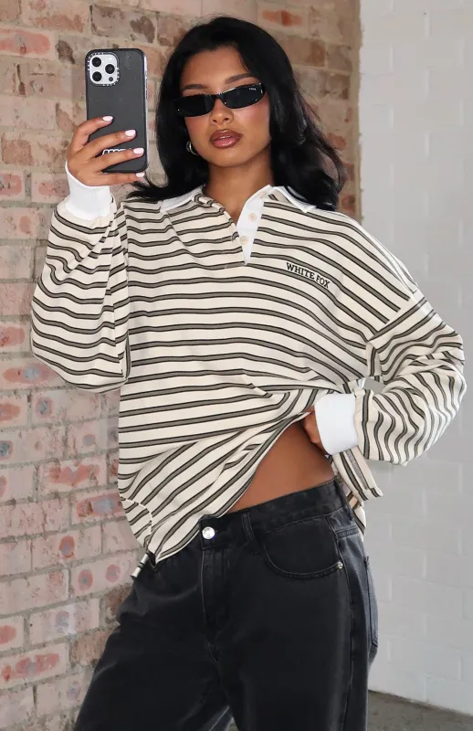 Out Again Long Sleeve Rugby Shirt Cream/Olive Stripe sold by White Fox Boutique