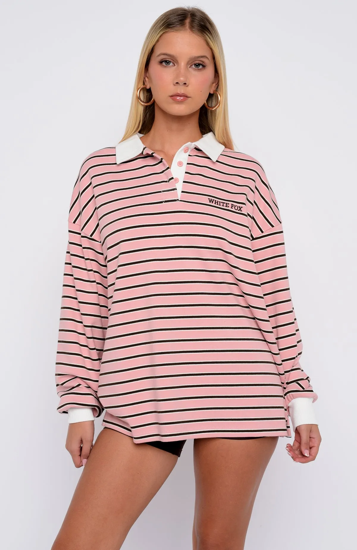 Out Again Long Sleeve Rugby Shirt Pink/Chocolate Stripe sold by White Fox Boutique product image thumbnail 2
