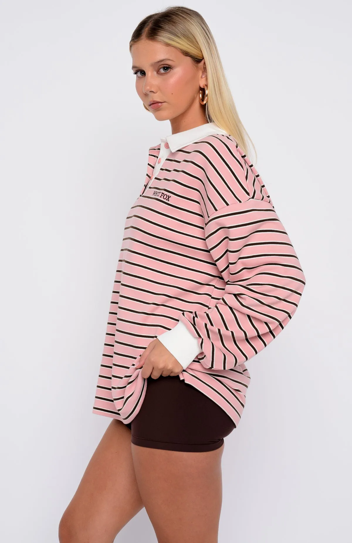 Out Again Long Sleeve Rugby Shirt Pink/Chocolate Stripe sold by White Fox Boutique product image thumbnail 3